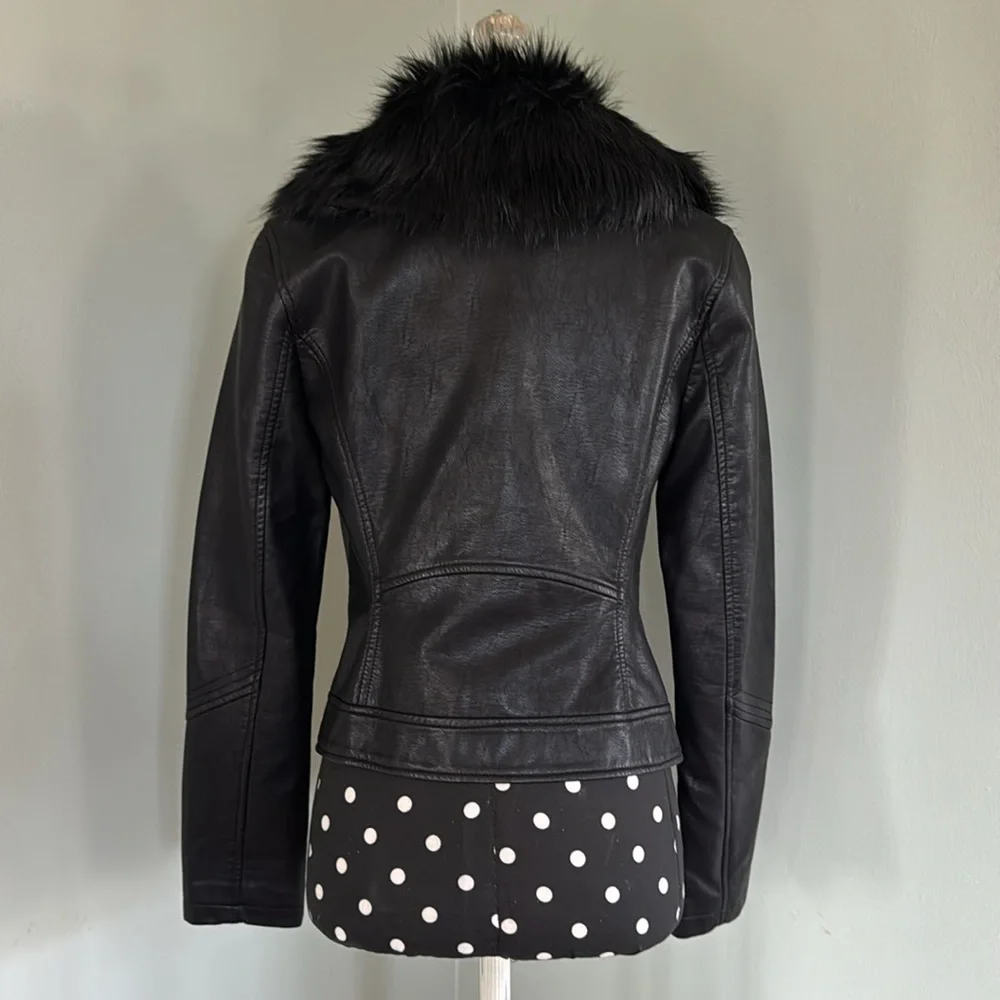 Bar III Black Vegan Leather Jacket with Faux Fur Collar and Studs - Picture 3 of 6